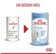 Comparație între vechiul și noul ambalaj Royal Canin Babydog Milk, înlocuitor de lapte pentru căței de la zero la două luni, Royal Canin Logo.