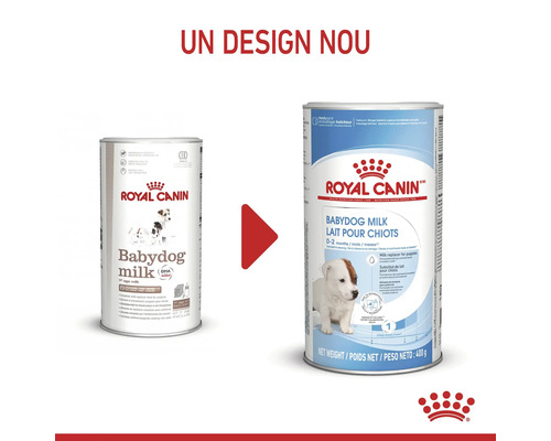 Comparație între vechiul și noul ambalaj Royal Canin Babydog Milk, înlocuitor de lapte pentru căței de la zero la două luni, Royal Canin Logo.