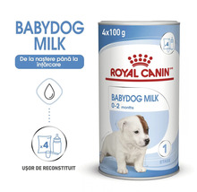 Lapte praf Royal Canin Babydog Milk pentru căței de la naștere până la două luni, cutie de patru sute de grame.