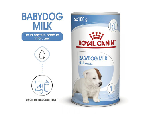 Lapte praf Royal Canin Babydog Milk pentru căței de la naștere până la două luni, cutie de patru sute de grame.