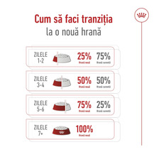 Ghid pentru tranziția la o nouă hrană pe parcursul a șapte zile cu procente pentru hrana nouă și cea curentă și Royal Canin Logo.
