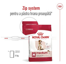Hrană Royal Canin Medium Adult 7 plus, 4 kilograme, sistem zip resigilabil pentru prospețime și Royal Canin Logo.