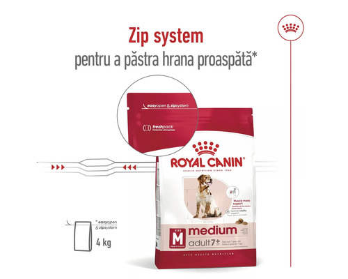 Hrană Royal Canin Medium Adult 7 plus, 4 kilograme, sistem zip resigilabil pentru prospețime și Royal Canin Logo.
