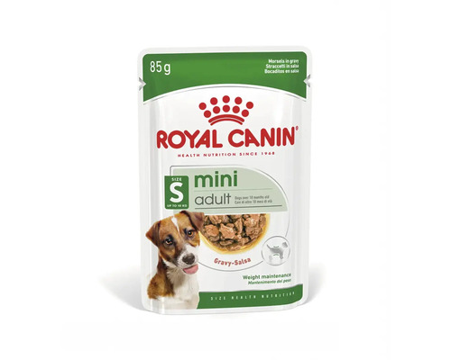Royal Canin Logo, hrană umedă Mini Adult pentru câini adulți de talie mică de până la 10 kilograme în sos, plic de 85 grame