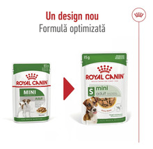 Comparație între vechiul și noul design de ambalaj pentru Royal Canin Mini Adult hrană umedă pentru câini, 85 grame, cu Royal Canin Logo.