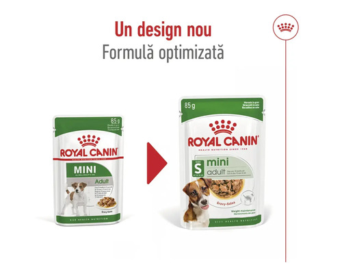 Comparație între vechiul și noul design de ambalaj pentru Royal Canin Mini Adult hrană umedă pentru câini, 85 grame, cu Royal Canin Logo.