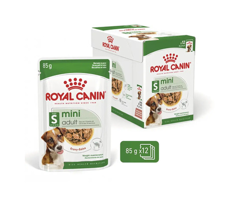 Royal Canin Mini Adult hrană umedă în sos pentru câini de talie mică până la 10 kilograme, 12 plicuri a câte 85 grame.