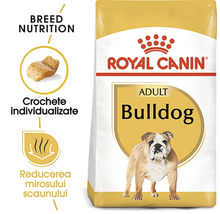 Hrană uscată Royal Canin Adult Bulldog pentru buldogi adulți, arată ambalajul, forma specială a crochetei și reducerea mirosului scaunului.