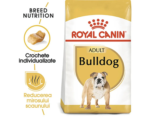 Hrană uscată Royal Canin Adult Bulldog pentru buldogi adulți, arată ambalajul, forma specială a crochetei și reducerea mirosului scaunului.