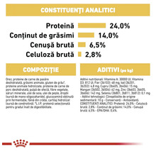 Constituenți analitici: proteină 24,0 la sută, grăsimi 14,0 la sută. Compoziție și aditivi pentru hrană animale. Royal Canin Logo.