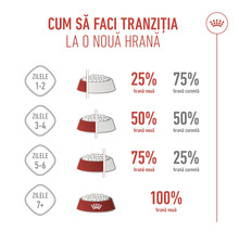 Infografic despre tranziția la o hrană nouă în 7 zile: creșterea treptată a hranei noi de la 25 la 100 de procente. Royal Canin Logo.