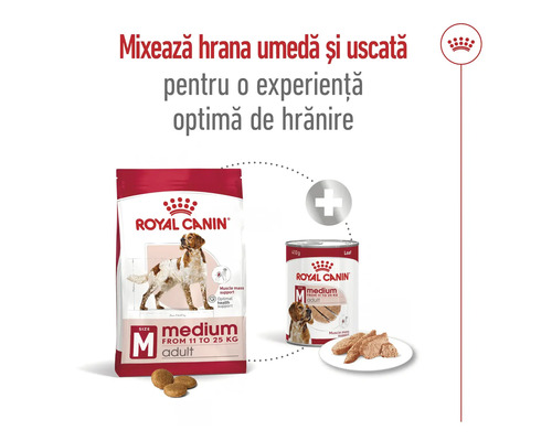Hrană Royal Canin Medium Adult pentru câini de la 11 la 25 kilograme, mix de hrană uscată și umedă, Royal Canin Logo.