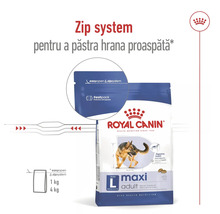 Hrană Royal Canin Maxi Adult pentru câini în sac cu sistem zip pentru prospețime, pentru câini mari de la 26 la 44 kilograme.