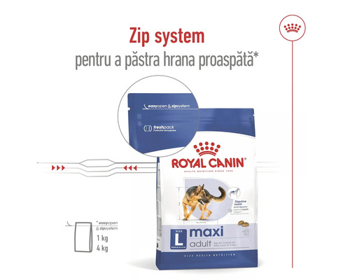 Hrană Royal Canin Maxi Adult pentru câini în sac cu sistem zip pentru prospețime, pentru câini mari de la 26 la 44 kilograme.