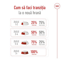 Infografic pentru tranziția hranei în șapte zile cu Royal Canin Logo: creșterea treptată a ponderii hranei noi de la 25 la sută la 100 la sută.