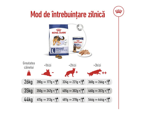Royal Canin Logo. Ghid de hrănire pentru Royal Canin Maxi Adult cu porții zilnice bazate pe greutate și nivelul de activitate al câinelui.