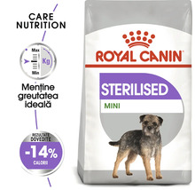 Royal Canin Sterilised Mini hrană pentru câini de talie mică pentru menținerea greutății ideale cu puține calorii. Royal Canin Logo.