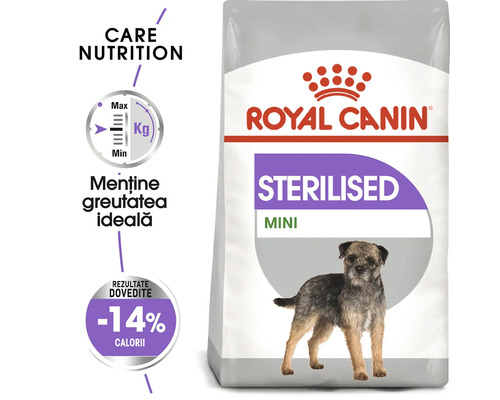 Royal Canin Sterilised Mini hrană pentru câini de talie mică pentru menținerea greutății ideale cu puține calorii. Royal Canin Logo.