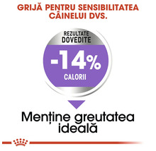 Grafică publicitară pentru hrană pentru câini care indică 14 la sută mai puține calorii pentru menținerea greutății ideale. Royal Canin Logo.