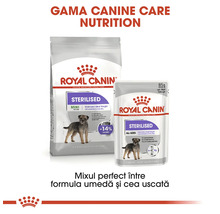Hrană Royal Canin Sterilised pentru câini, combinație de hrană uscată și umedă pentru controlul greutății la câini sterilizați.