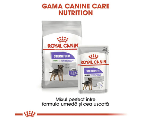 Hrană Royal Canin Sterilised pentru câini, combinație de hrană uscată și umedă pentru controlul greutății la câini sterilizați.