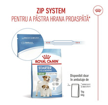 Hrană Royal Canin Starter Mini cu Royal Canin Logo și sistem zip pentru prospețime. Disponibil în ambalaje de 1 kilogram și 4 kilograme.