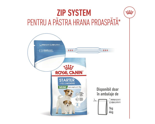 Hrană Royal Canin Starter Mini cu Royal Canin Logo și sistem zip pentru prospețime. Disponibil în ambalaje de 1 kilogram și 4 kilograme.