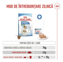 Recomandări zilnice de hrănire pentru Royal Canin Starter Mini pentru căței de o lună cu greutatea țintă la vârsta adultă de șapte kilograme.