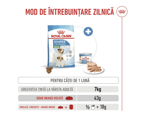Recomandări zilnice de hrănire pentru Royal Canin Starter Mini pentru căței de o lună cu greutatea țintă la vârsta adultă de șapte kilograme.