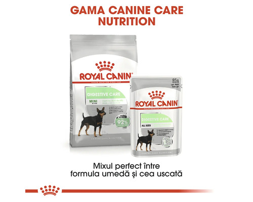 Hrană pentru câini Royal Canin Digestive Care, combinație de hrană uscată și umedă pentru câini cu digestie sensibilă.