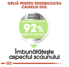 Rezultate dovedite pentru sensibilitatea câinilor, îmbunătățește calitatea scaunului cu până la 92 la sută. Royal Canin Logo.