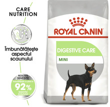 Royal Canin Digestive Care Mini pentru câini mici, susține digestia și îmbunătățește aspectul scaunului cu până la nouăzeci și doi la sută.