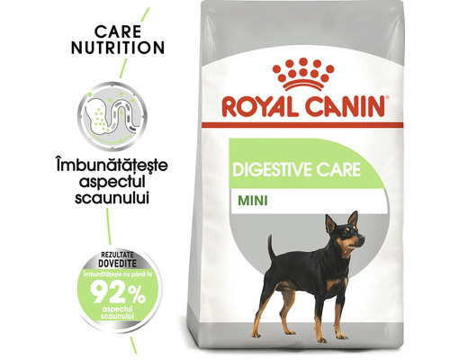 Royal Canin Digestive Care Mini pentru câini mici, susține digestia și îmbunătățește aspectul scaunului cu până la nouăzeci și doi la sută.