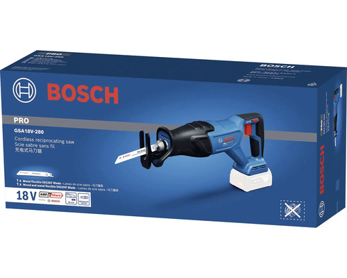 Fierăstrău sabie cu acumulator Bosch GSA 18 Volt-280 Professional, ambalaj original cu imaginea produsului.