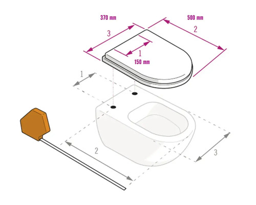 Schiță cu dimensiuni pentru capac WC și vas WC: distanță între orificii 150 milimetri, lățime 370 milimetri, lungime 500 milimetri.