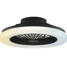 Ventilator de tavan modern cu inel luminos LED integrat și carcasă neagră.