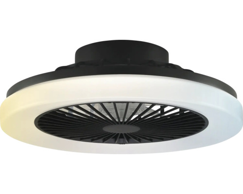Ventilator de tavan modern cu inel luminos LED integrat și carcasă neagră.