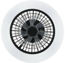 Ventilator de tavan modern cu lumină LED, vedere de jos cu paletele în spatele grilei de protecție și inel luminos rotund.