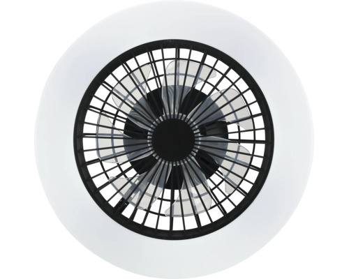 Ventilator de tavan modern cu lumină LED, vedere de jos cu paletele în spatele grilei de protecție și inel luminos rotund.
