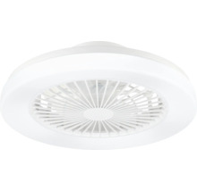 Ventilator de tavan rotund, alb, cu inel luminos LED integrat și grilă de protecție.