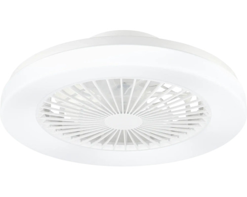 Ventilator de tavan rotund, alb, cu inel luminos LED integrat și grilă de protecție.