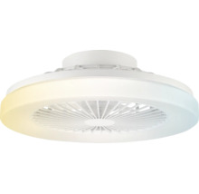 Ventilator de tavan alb rotund cu inel luminos integrat și temperatură de culoare reglabilă.