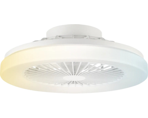 Ventilator de tavan alb rotund cu inel luminos integrat și temperatură de culoare reglabilă.