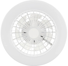 Ventilator de tavan rotund cu lumină integrată și grilă cu lamele.