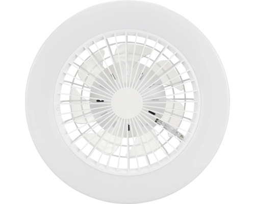 Ventilator de tavan rotund cu lumină integrată și grilă cu lamele.