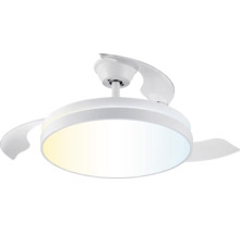 Ventilator de tavan rotund cu lumină LED integrată și palete retractabile, alb.