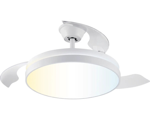 Ventilator de tavan rotund cu lumină LED integrată și palete retractabile, alb.