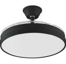 Ventilator de tavan modern cu lumină LED integrată, carcasă neagră, difuzor alb și palete retractabile din plastic.