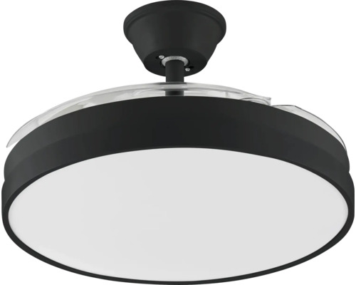 Ventilator de tavan modern cu lumină LED integrată, carcasă neagră, difuzor alb și palete retractabile din plastic.