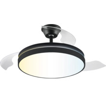 Ventilator de tavan modern cu iluminare LED, carcasă rotundă neagră și palete transparente.